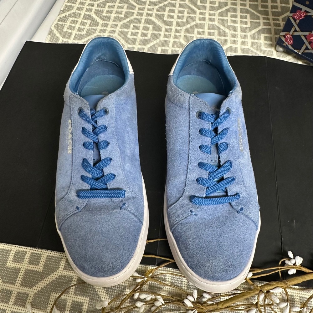 COACH Clip Low Top Embroidered Logo Sneakers Racer Blue Suede Sz 8D MENS US - Picture 2 of 9